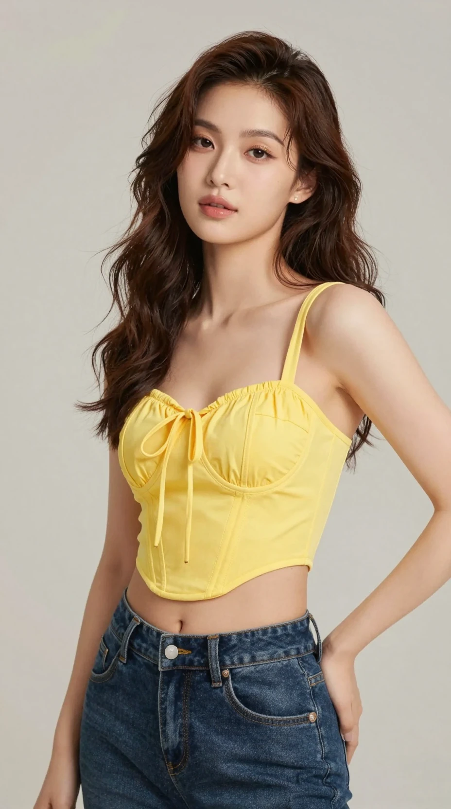 Uma mulher posa com um top tipo corset amarelo e jeans azul-escuros