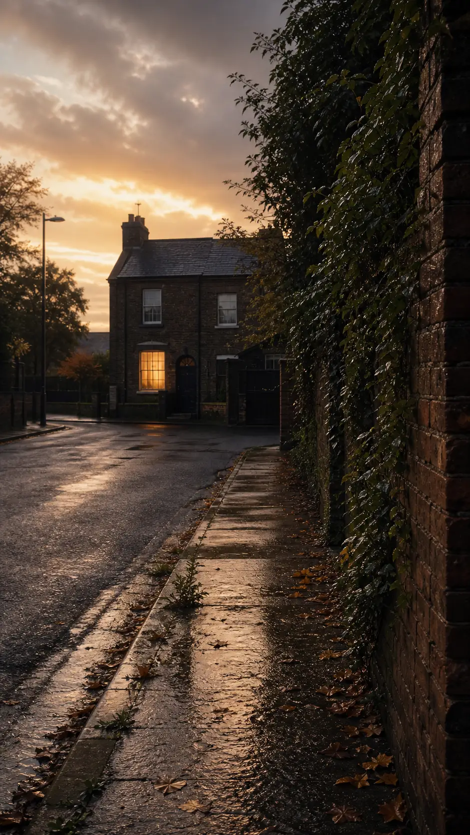 A quiet British brick house glows at the end of a wet street
