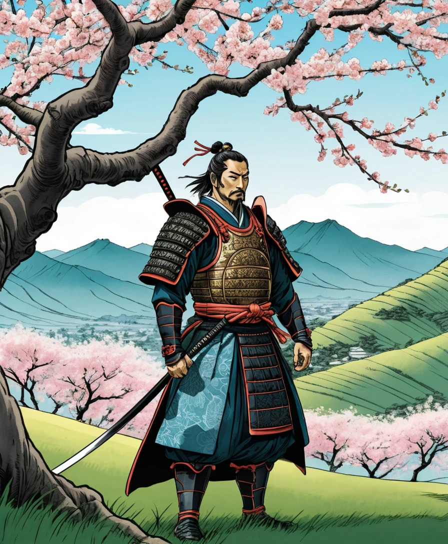 Um nobre samurai está sob uma cerejeira em flor