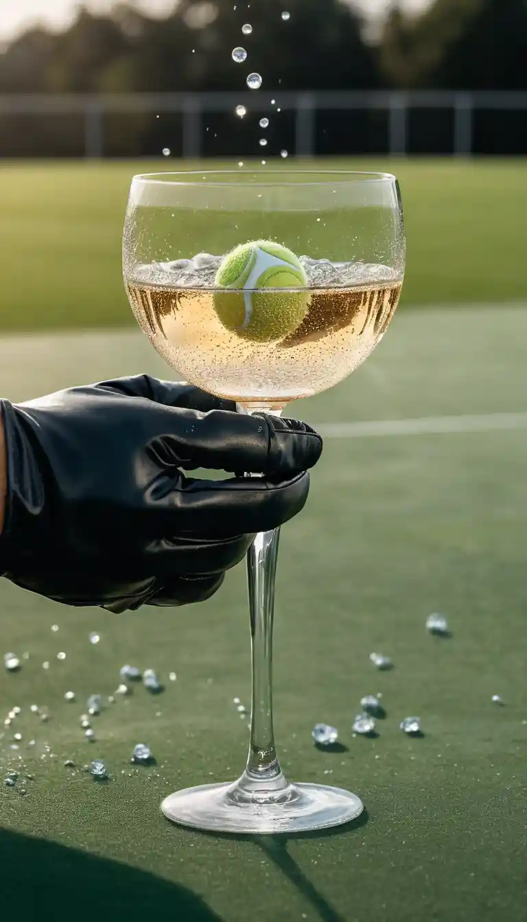 A gloved hand holds a champagne coupe with a submerged tennis ball