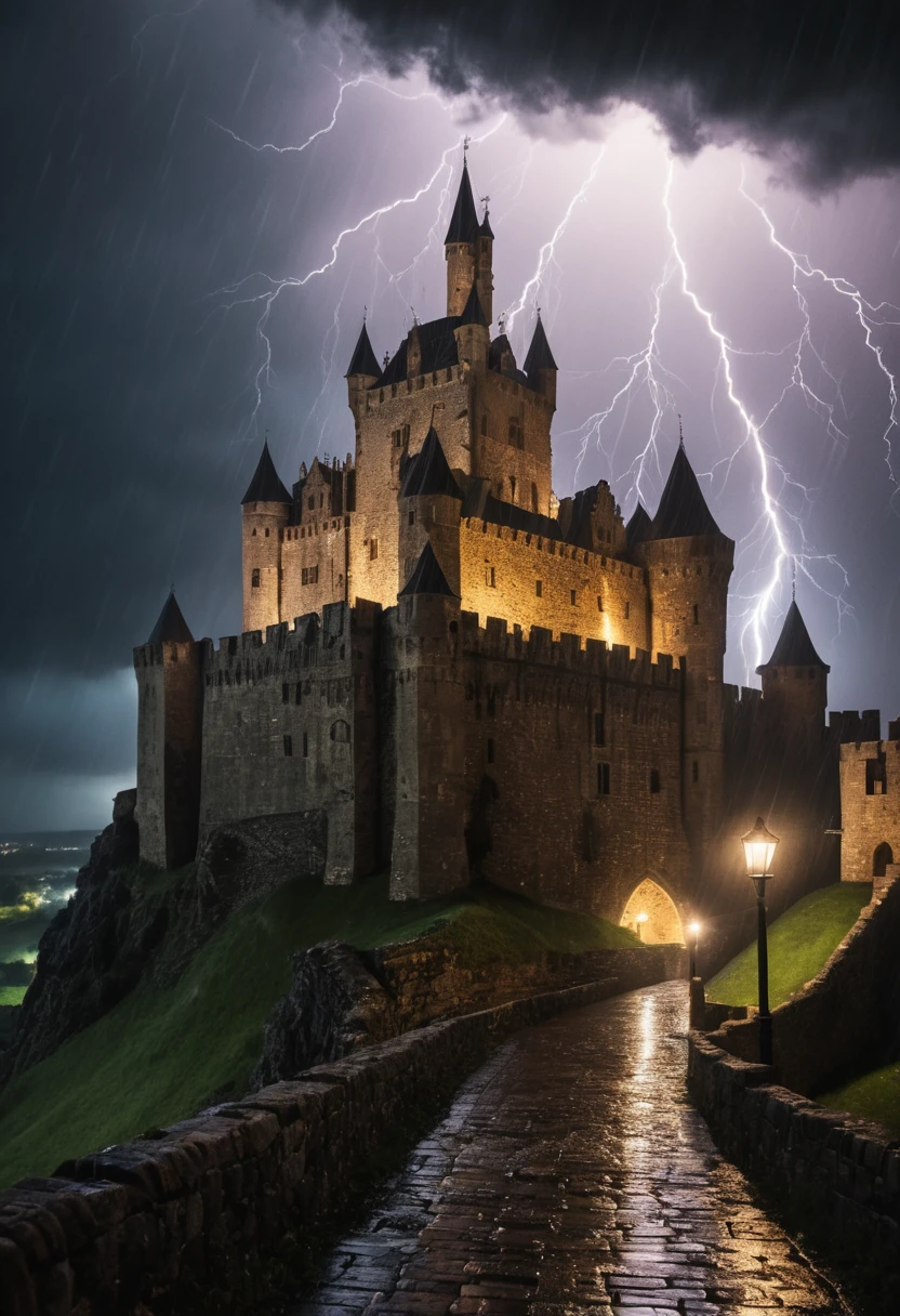 Des éclairs illuminent un château médiéval au cœur d'un violent orage nocturne