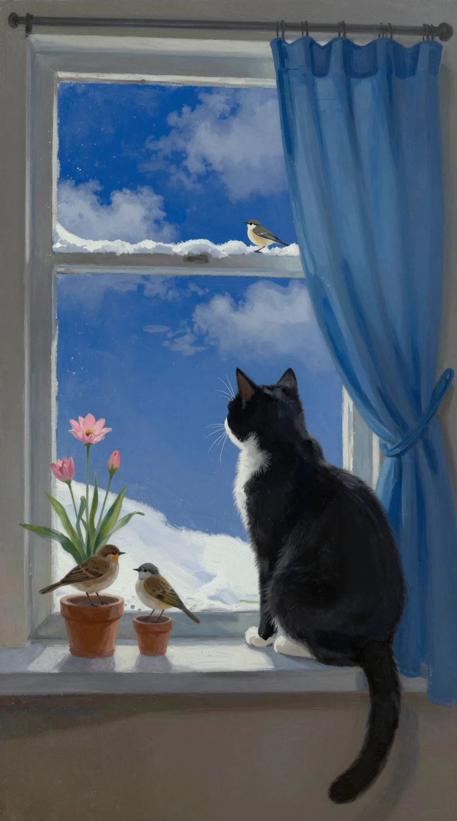 Eine schwarze Katze beobachtet kleine Vögel am schneebedeckten Fenster