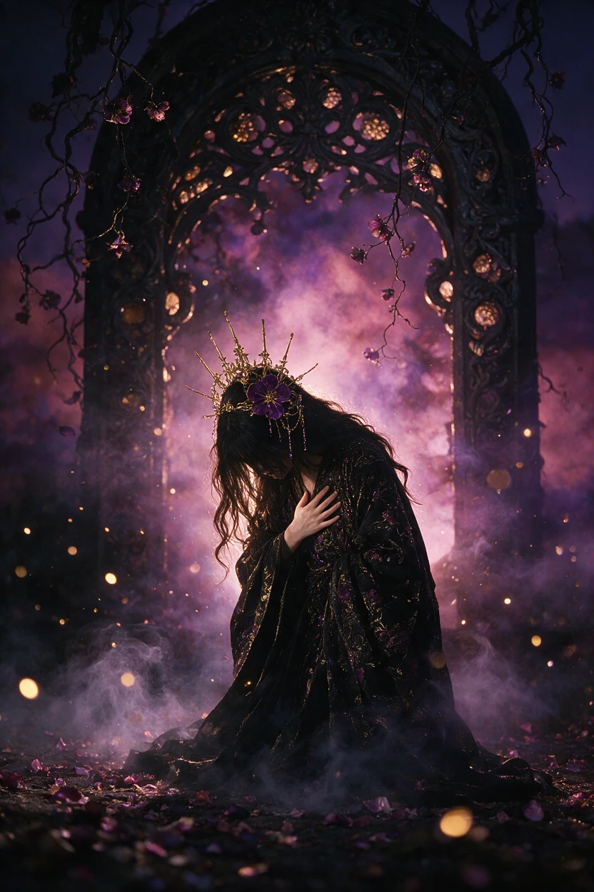 Une silhouette humaine dans une scène fantastique aux tons violets et rose foncé
