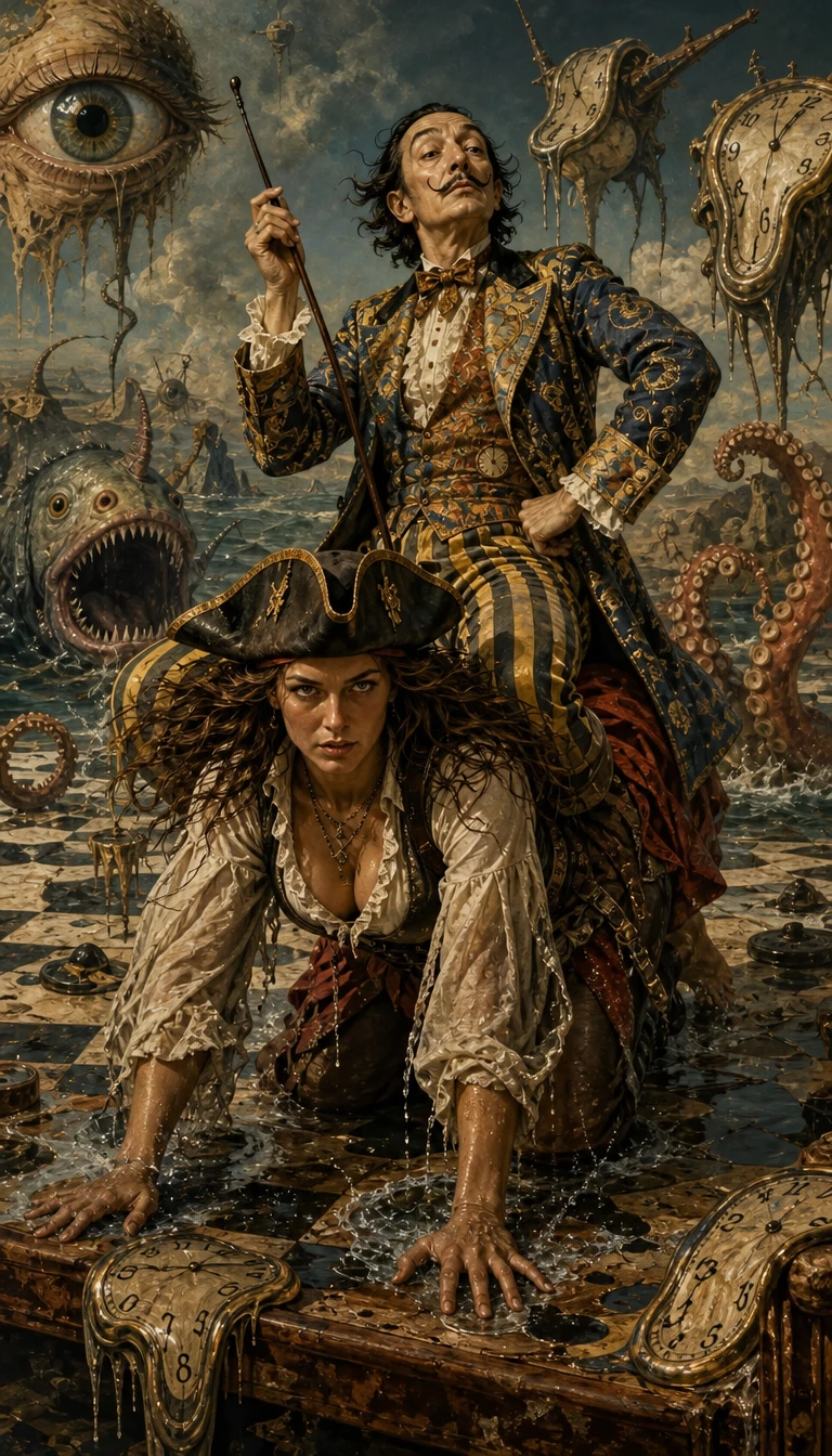 Salvador Dalí cavalga um pirata entre monstros marinhos surreais