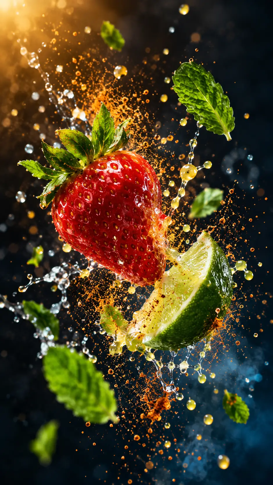 Um morango e uma rodela de limão explodem no ar em meio a suco e especiarias em redemoinho