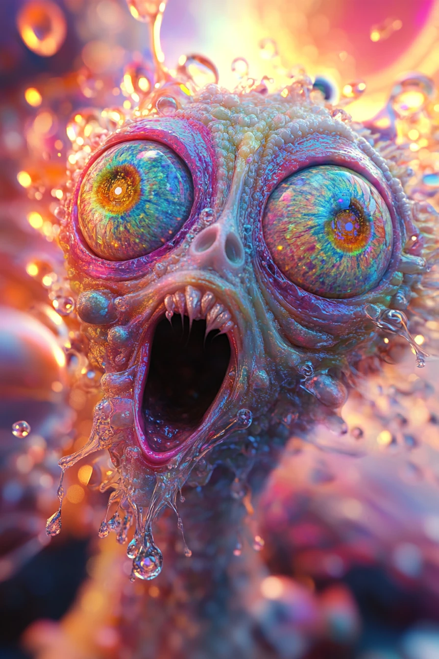 A split-faced fungal creature reveals glowing mycelium and grinning sprouts