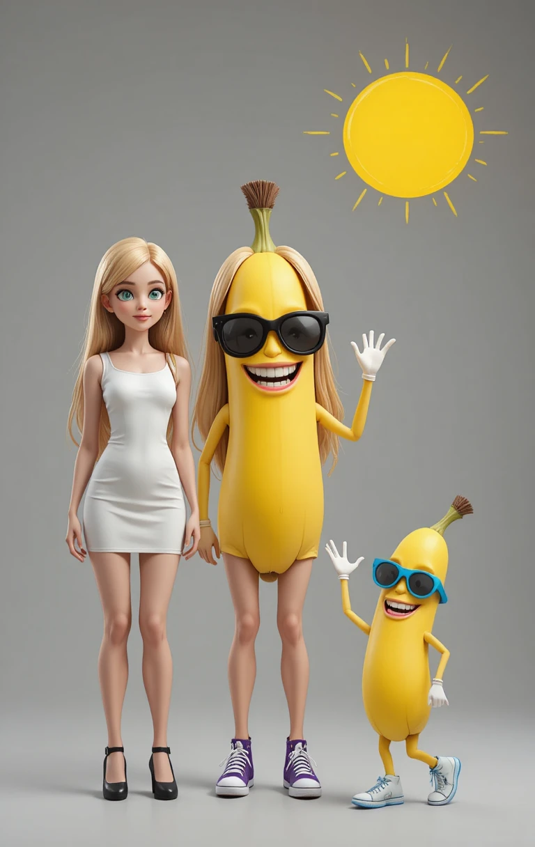 Une femme et deux bananes portant des lunettes de soleil sous un soleil jaune