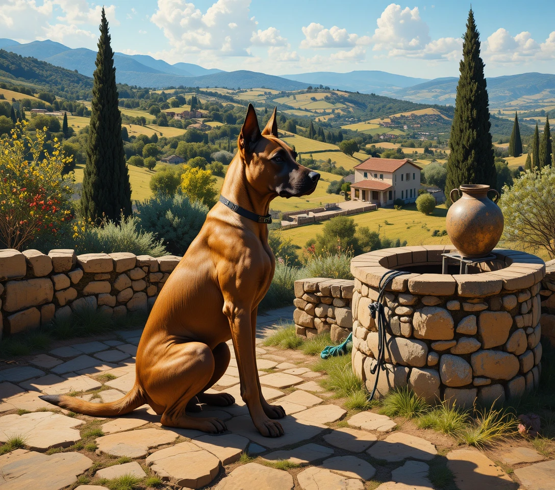 Um pastor-belga-malinois está alerta ao lado de um antigo poço de pedra no campo