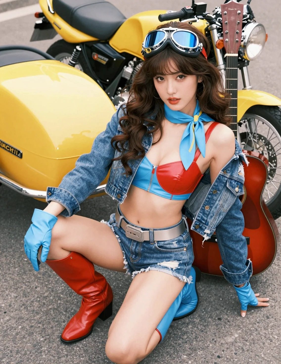 Uma mulher agachada posa ao lado de uma moto vintage com sidecar