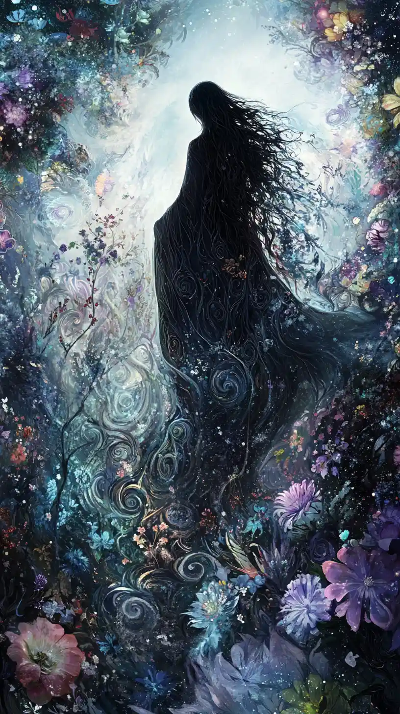 Un fantôme erre dans une mer imposante de fleurs nocturnes surréalistes