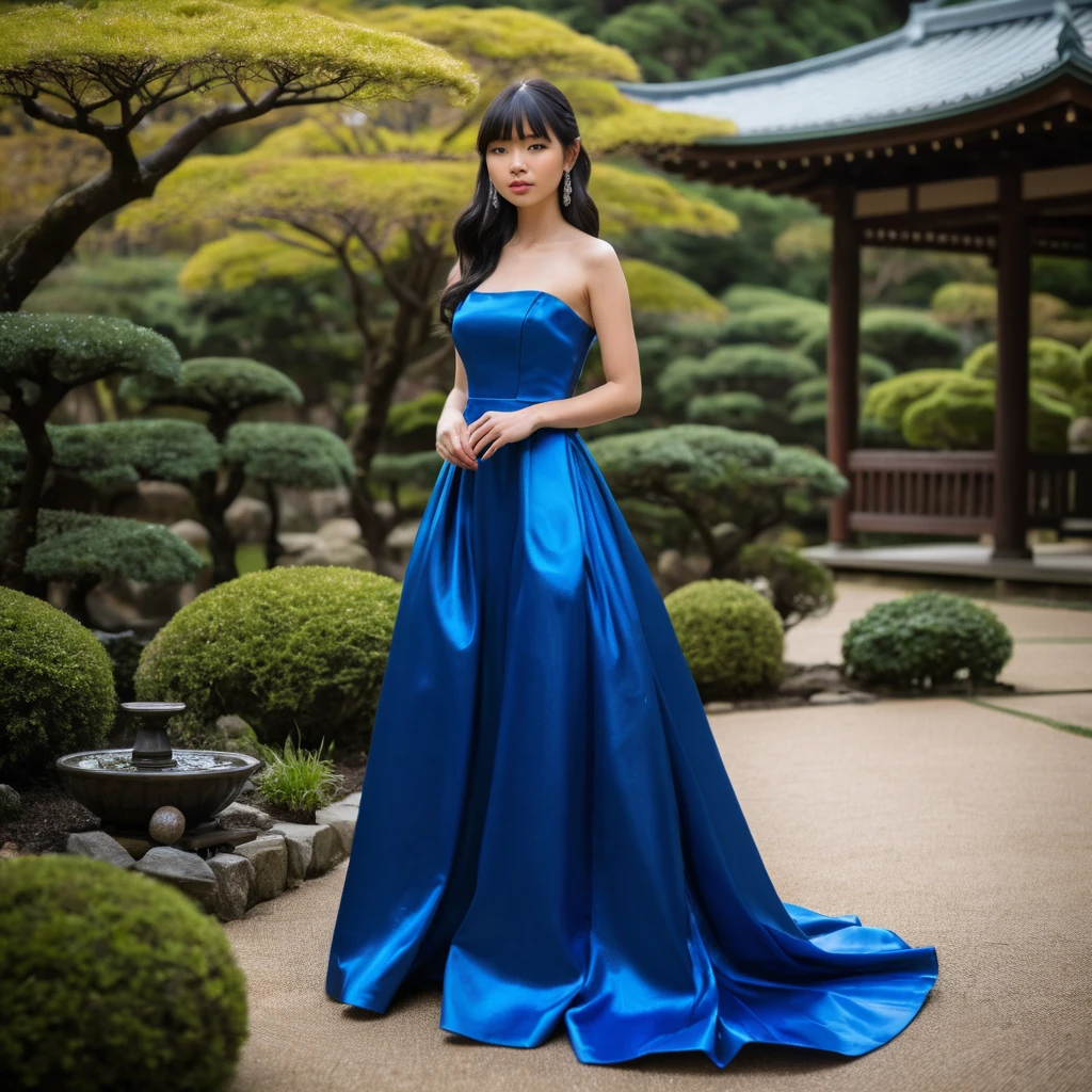 Uma jovem com um vestido de cetim azul está num jardim japonês