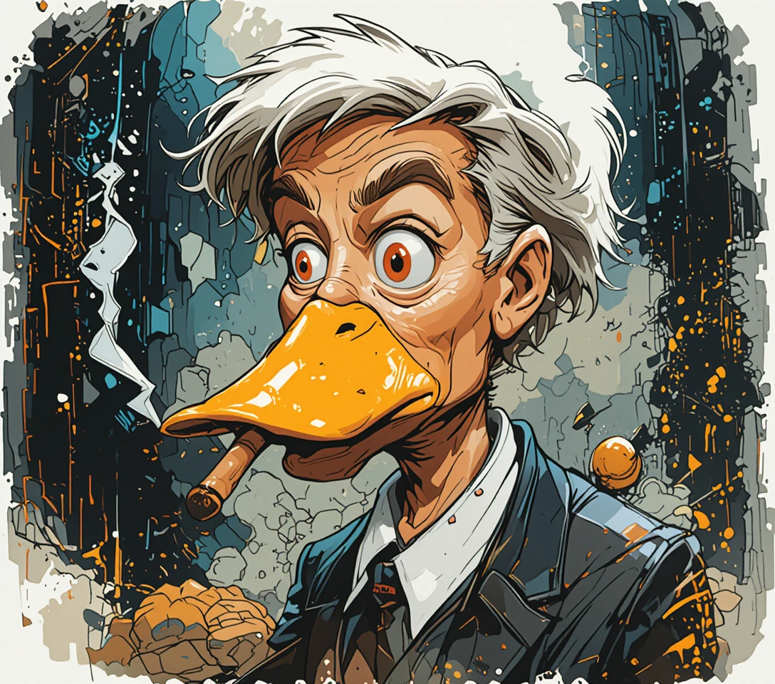 Uma ilustração humorística de um pato com a cabeça de Donald Trump e um charuto