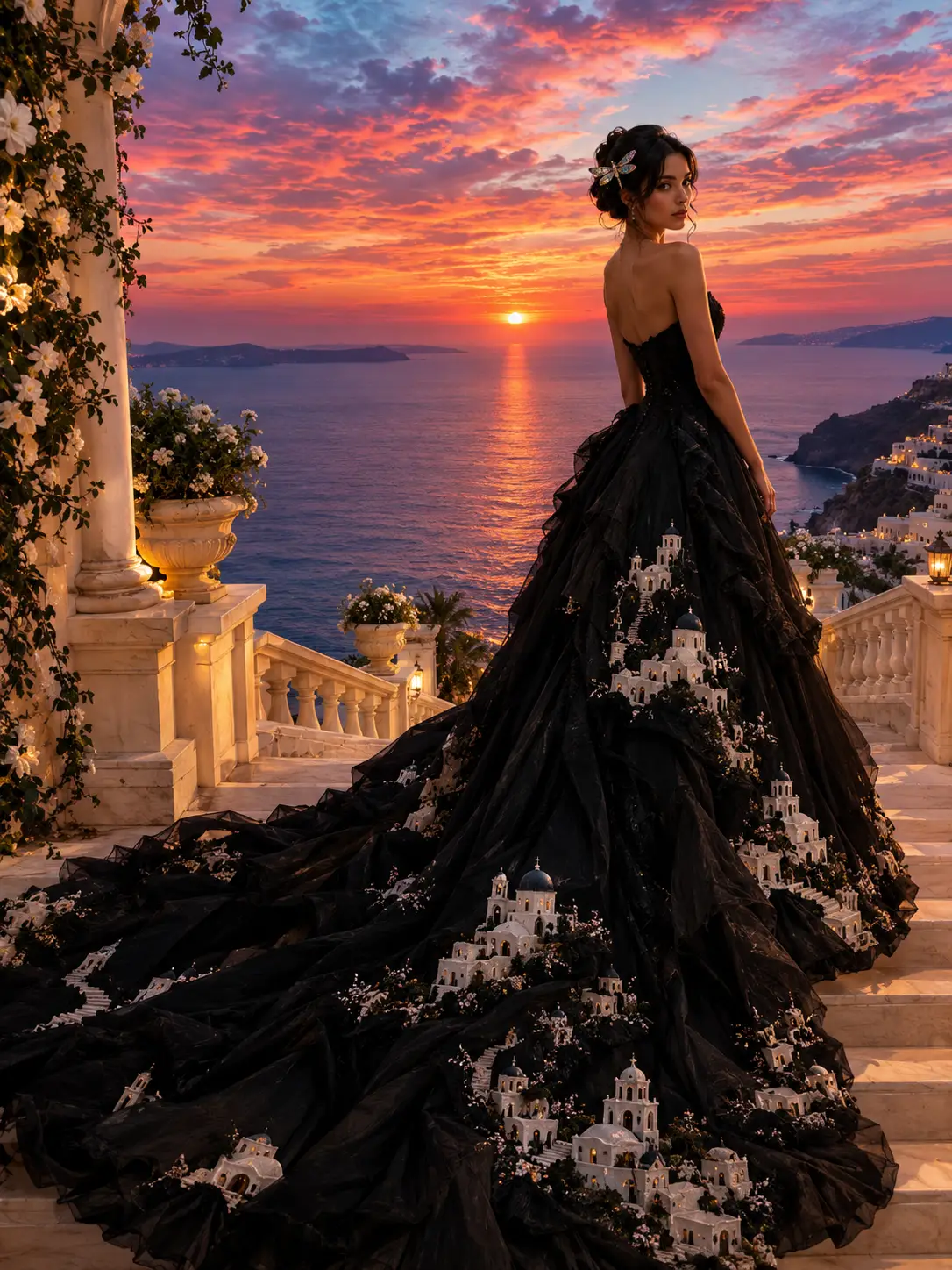 身穿黑色舞會禮服的女子，俯瞰夕陽下的海景