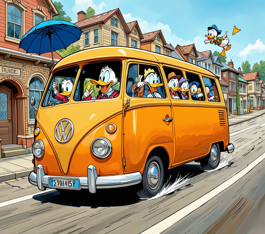 Un bus Volkswagen traverse la ville à toute vitesse avec Donald Duck au volant