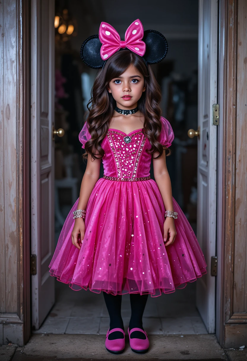 A nervous boy in a Minnie Mouse princess costume stands in a doorway