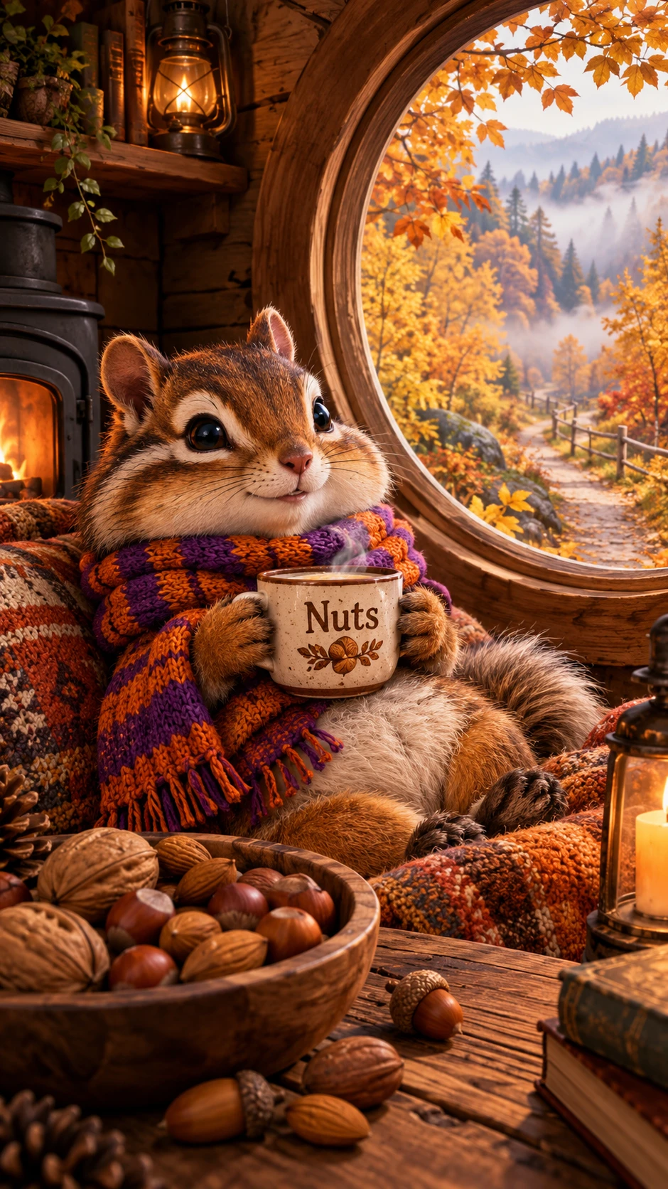 Fluffy Chipmunk Relaxes Beside a Round Window in a Wooden Cabin