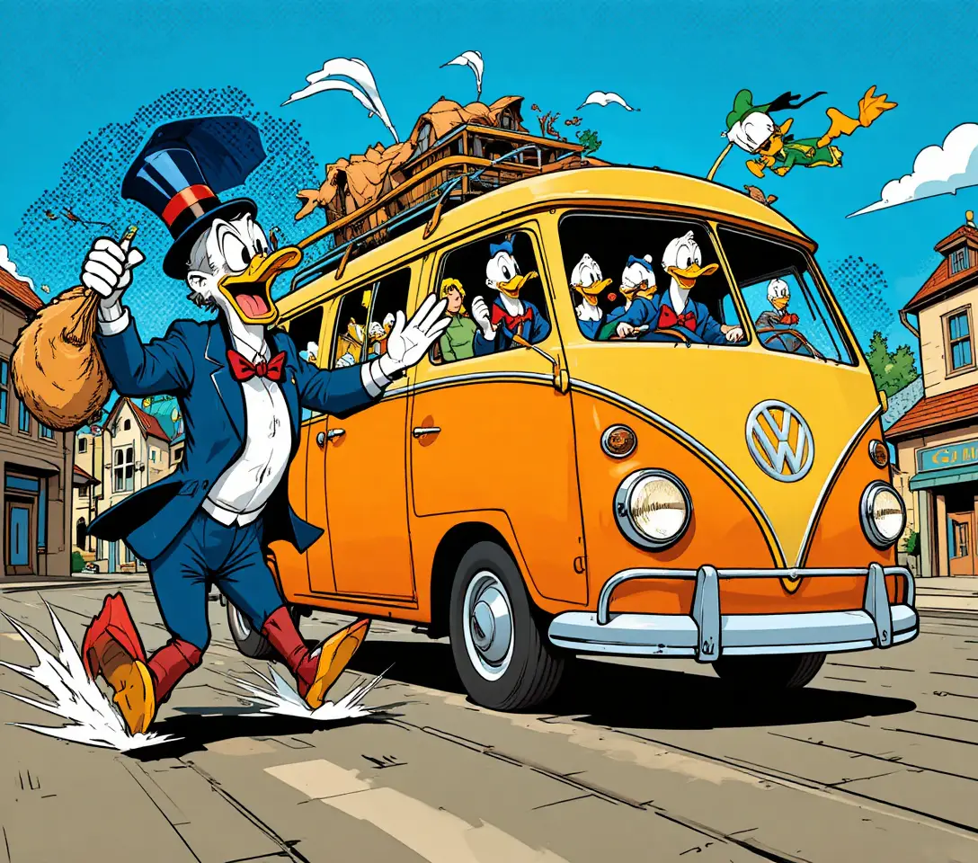 Two cartoon ducks race through a chaotic comic book chase