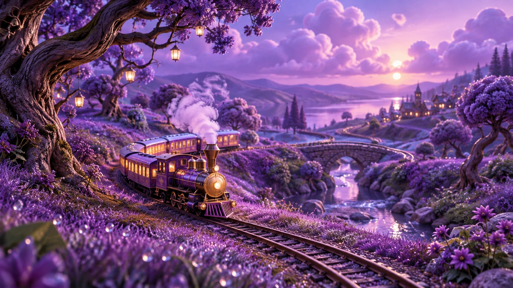 Eine Miniatureisenbahn schlängelt sich durch eine leuchtende Landschaft aus verwunschenen Bäumen und Hügeln