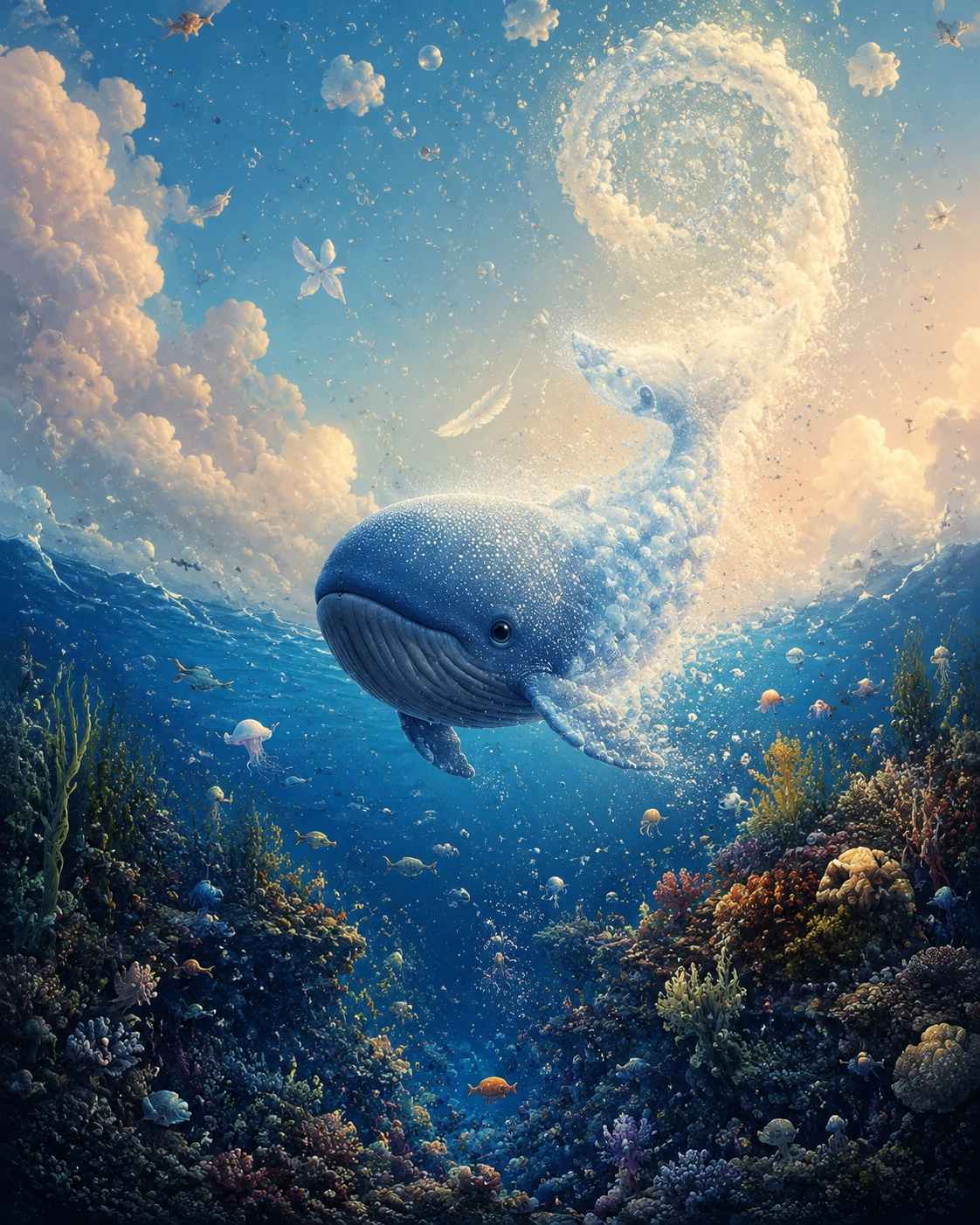 Uma pequena baleia flutua entre o oceano profundo e o céu aberto