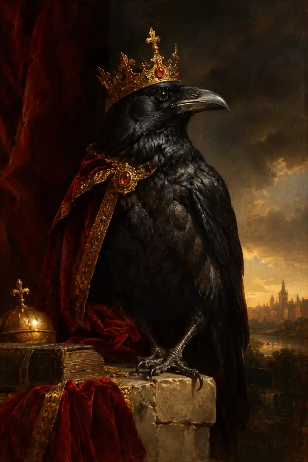 Un corbeau couronné dans un portrait de dark fantasy