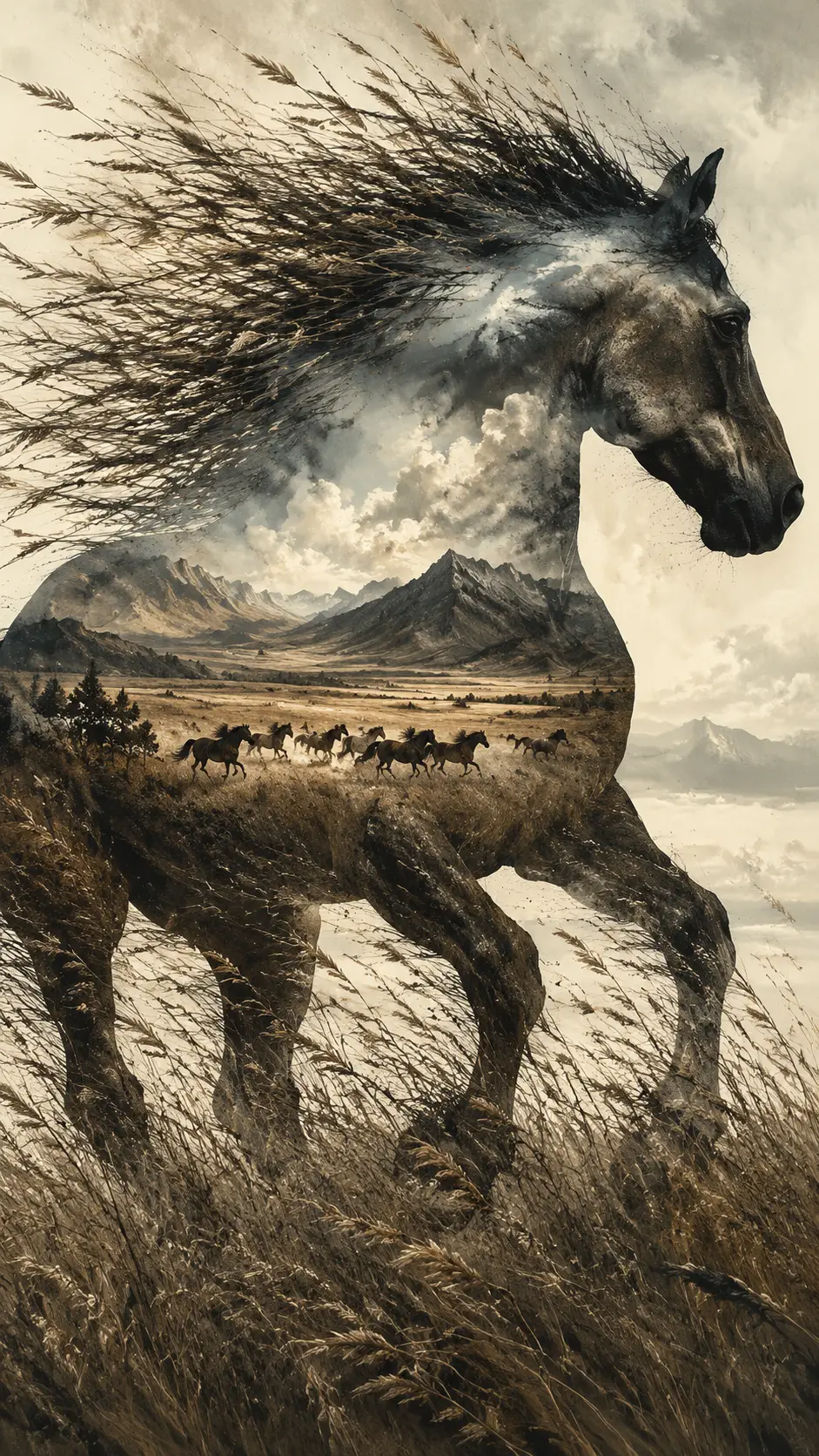 A Running Horse Silhouette Filled With a Vast Prairie Landscape