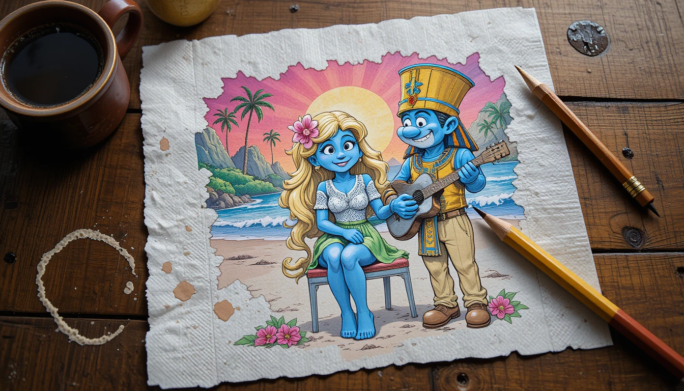 Tres Pitufos celebran al atardecer en una playa tropical