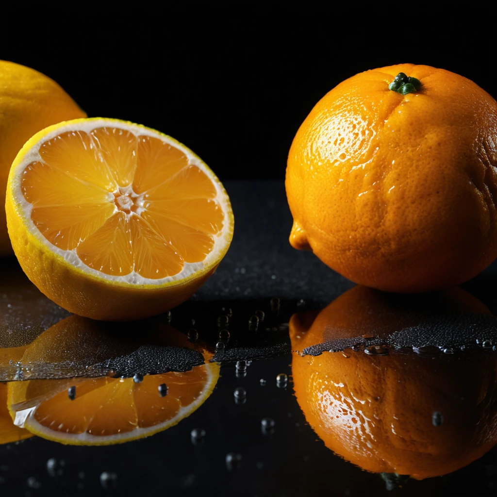 Halved citrus fruits rest on a reflective black table