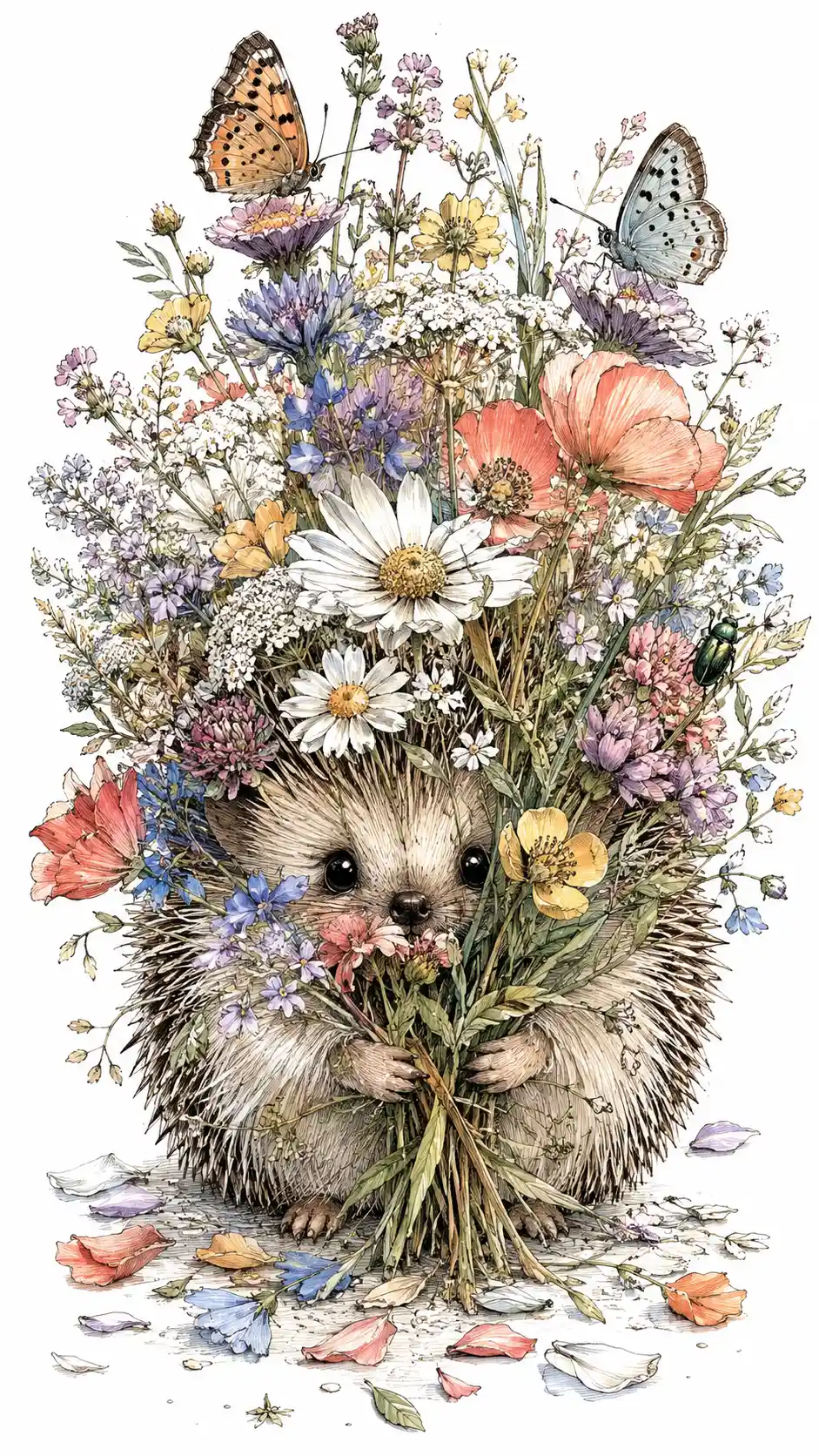 Um pequeno ouriço espreita por entre um enorme buquê de flores silvestres