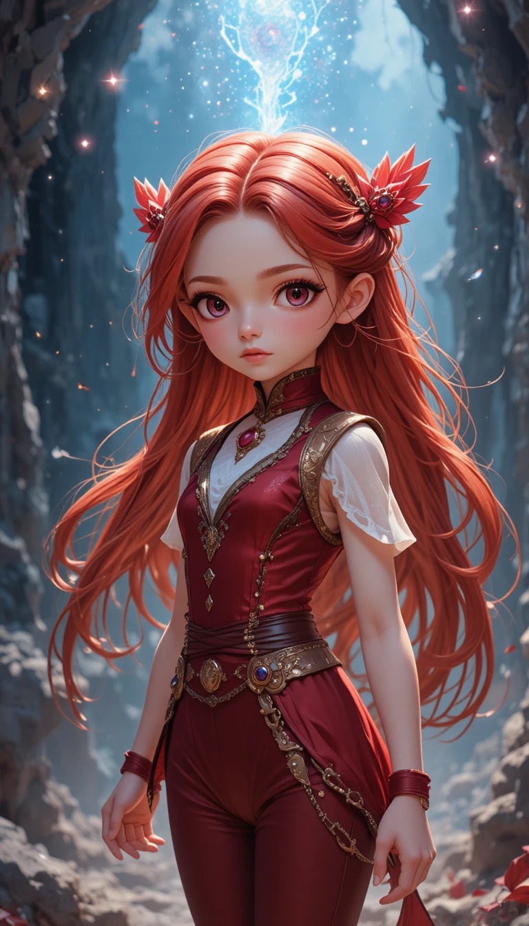 A Fantasy Girl With Red Twin Ponytails, Ruby Eyes, And Small Horns