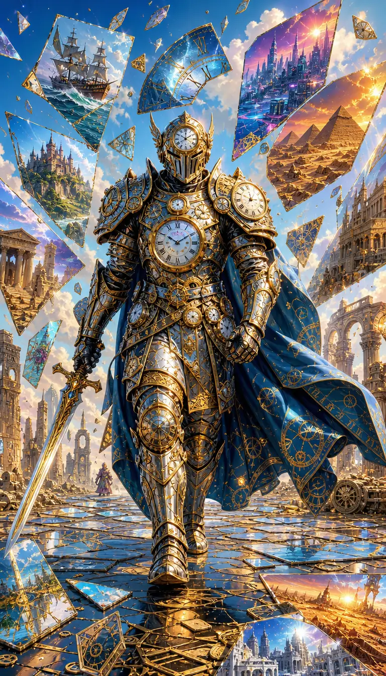 A clock-clad knight journeys through a land of shattered time