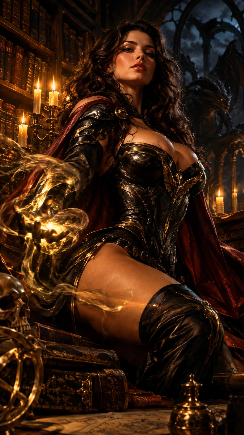 Uma super-heroína de fantasia sombria numa biblioteca vitoriana à luz de velas