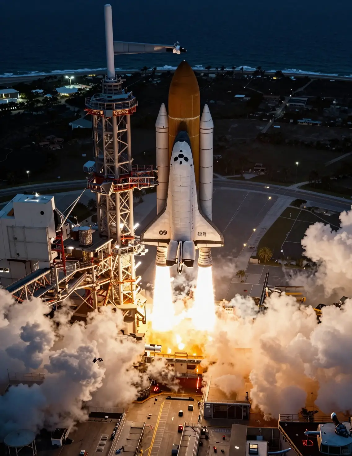A Space Shuttle Rises Above a Glowing Launch Pad at Night