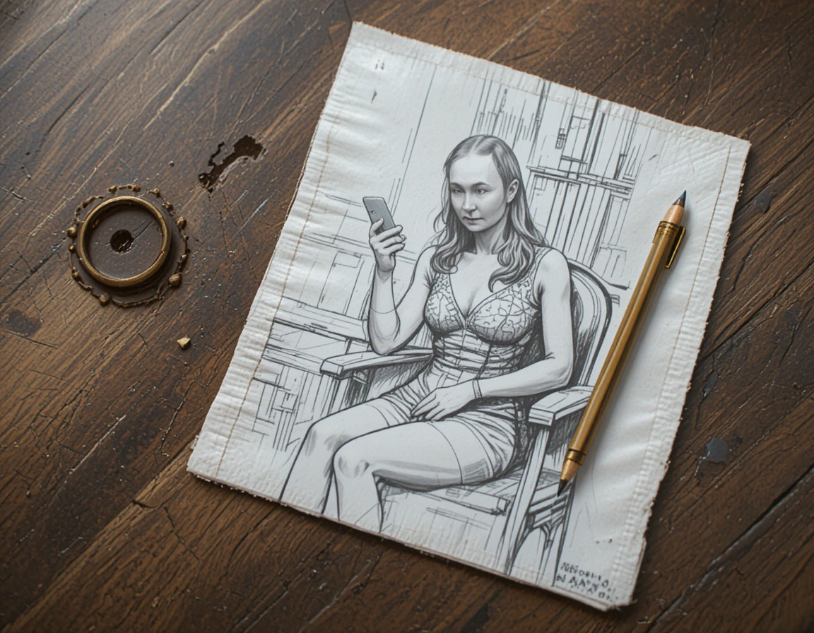 Mulher sentada com o telemóvel na mão, num esboço a lápis sobre papel amarrotado