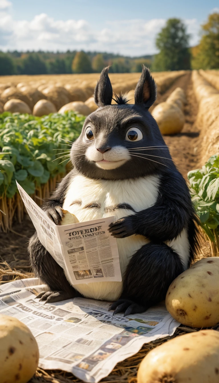 Une mouffette grincheuse lit le journal, assise sur un sac de pommes de terre dans un champ
