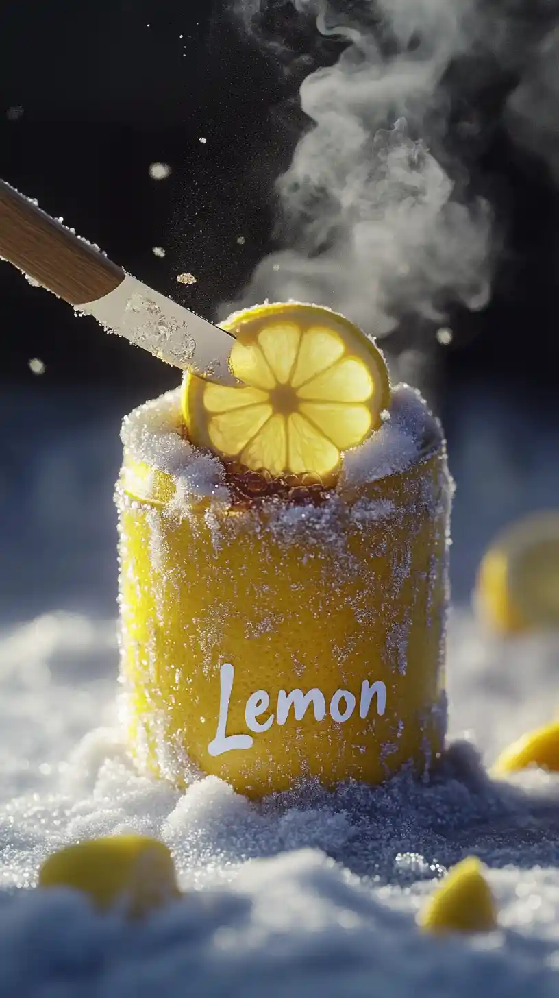A frozen lemon can is cut open in snow, revealing velvet cake