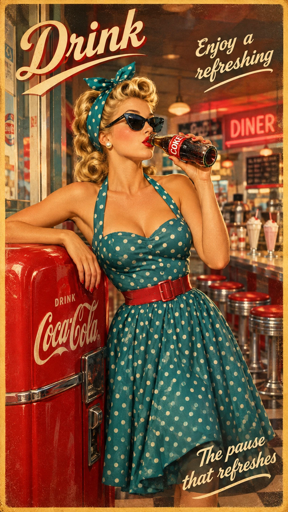 Uma pin-up glamourosa aprecia uma bebida ao lado de uma máquina de venda automática vintage
