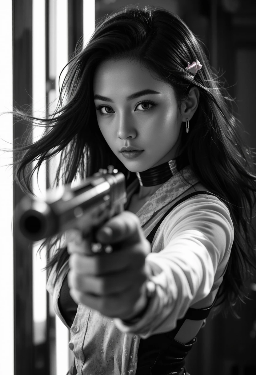 Uma mulher japonesa aponta uma arma para a câmera em um retrato de meio corpo