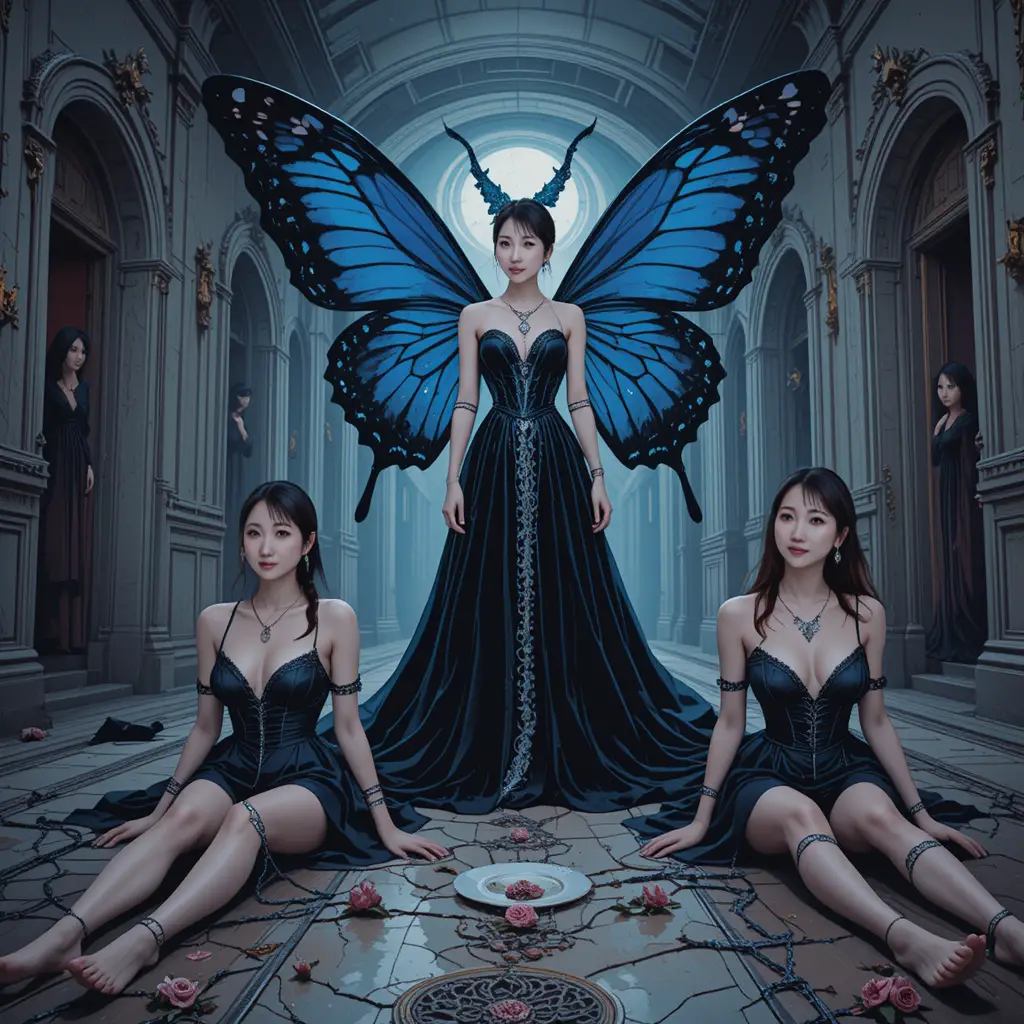 Three glamorous women bound in a surreal dreamlike scene