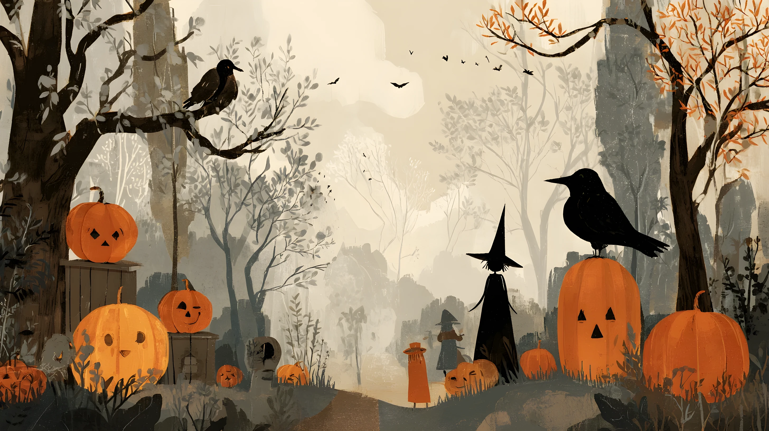 Un champ dadaïste avec des citrouilles sculptées, des corbeaux, des fantômes, une sorcière et un épouvantail pour Halloween