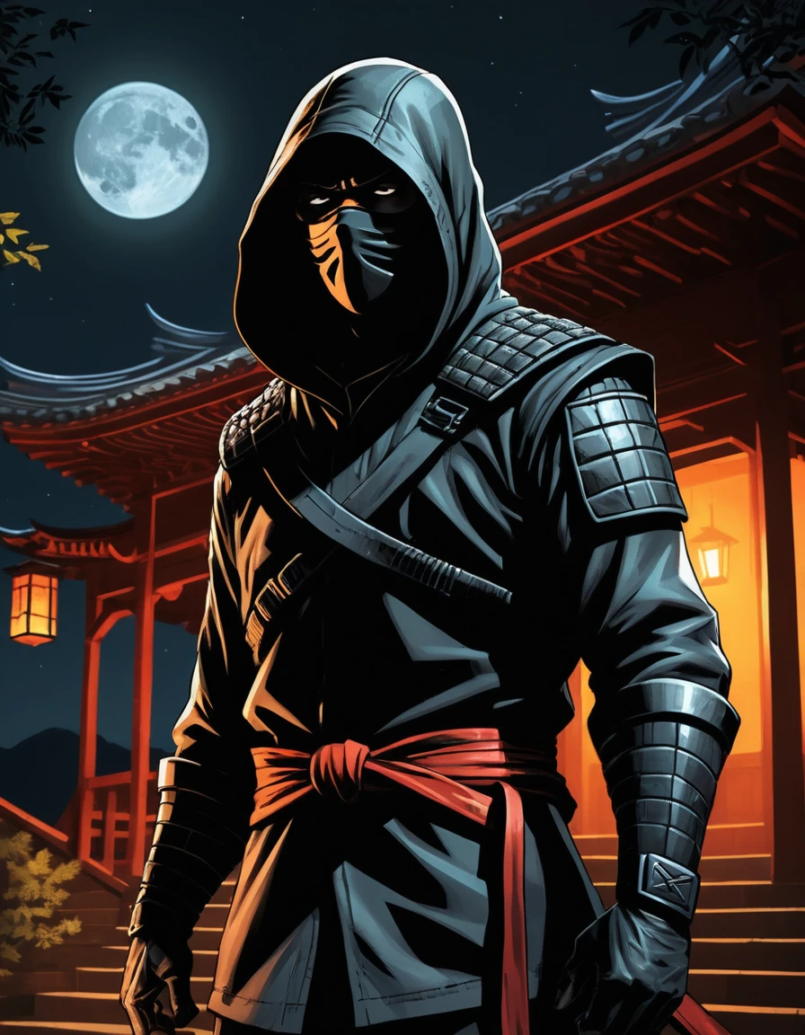 Um ninja encapuzado sob o luar no pátio de um pagode