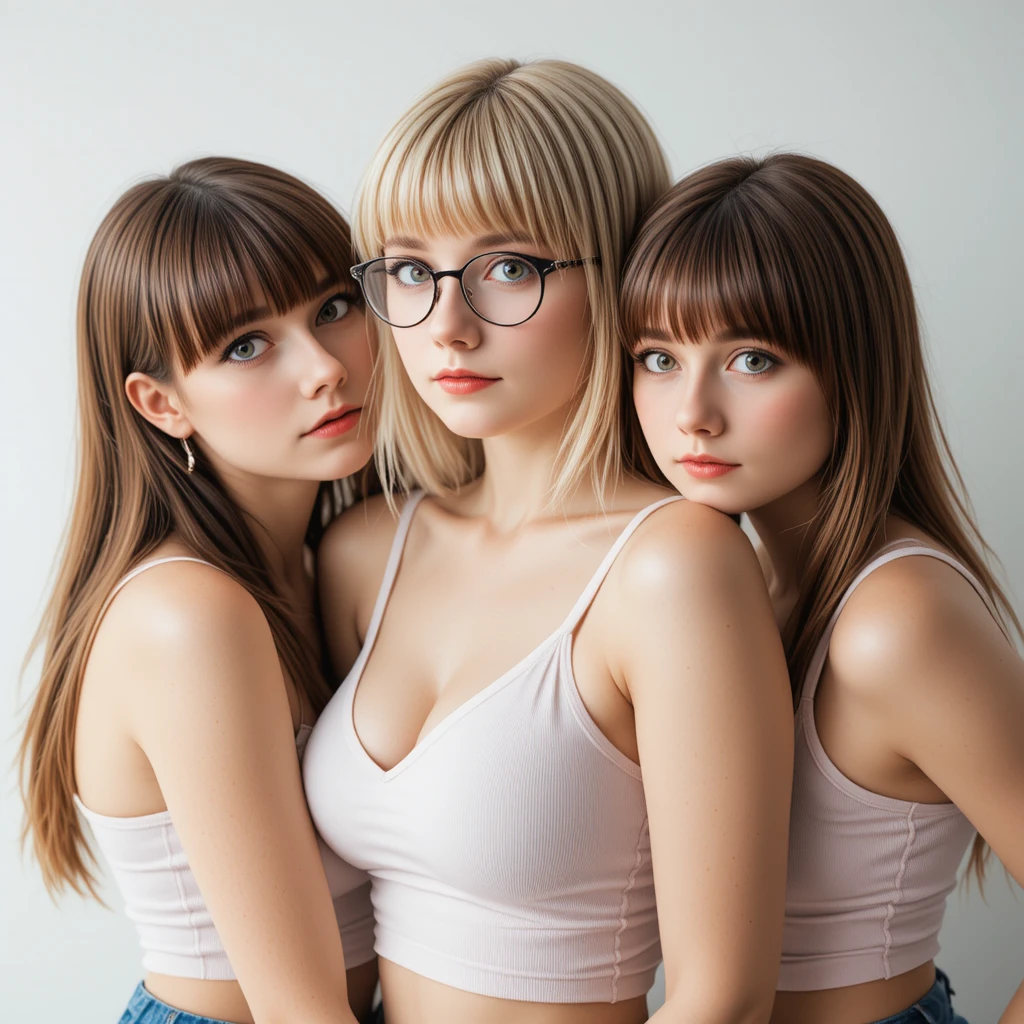 Três mulheres juntam-se e olham para a câmara