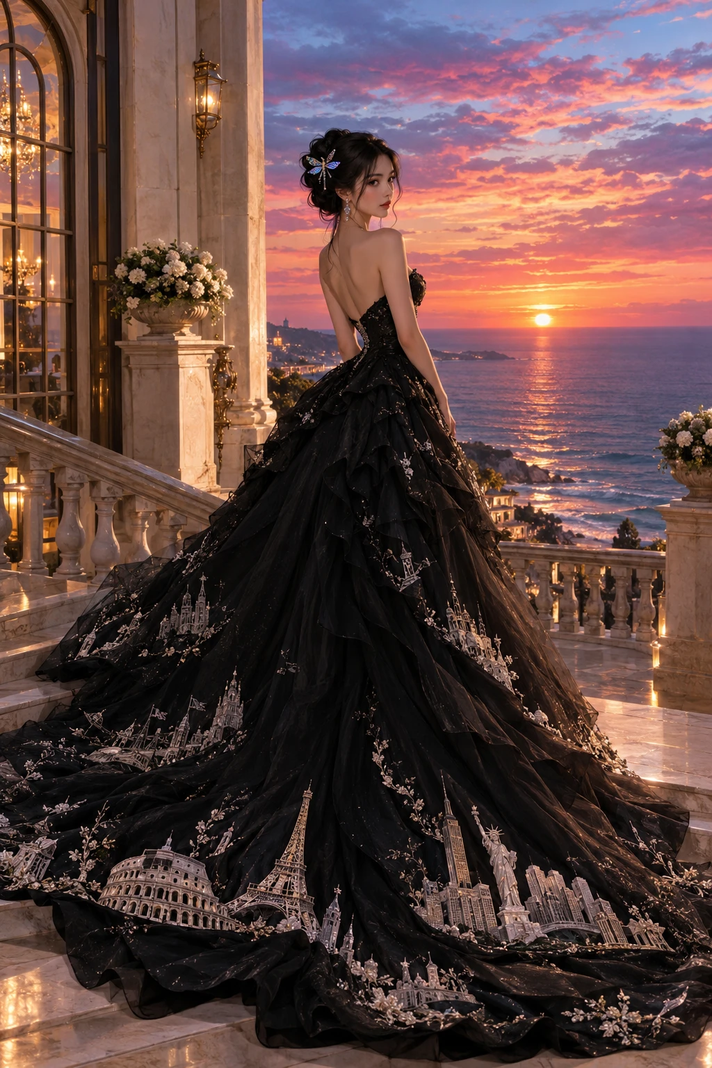 Uma mulher olha para trás de uma grandiosa escadaria, diante do mar ao pôr do sol