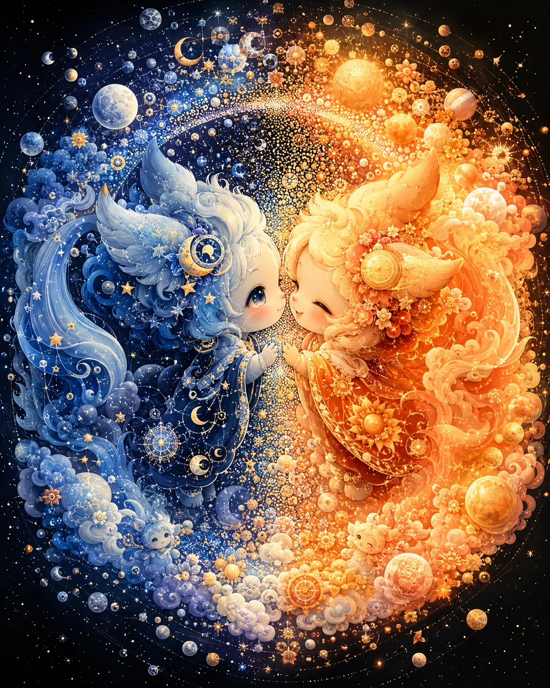 以月亮與太陽為靈感的角色在圓形日食中相對漂浮