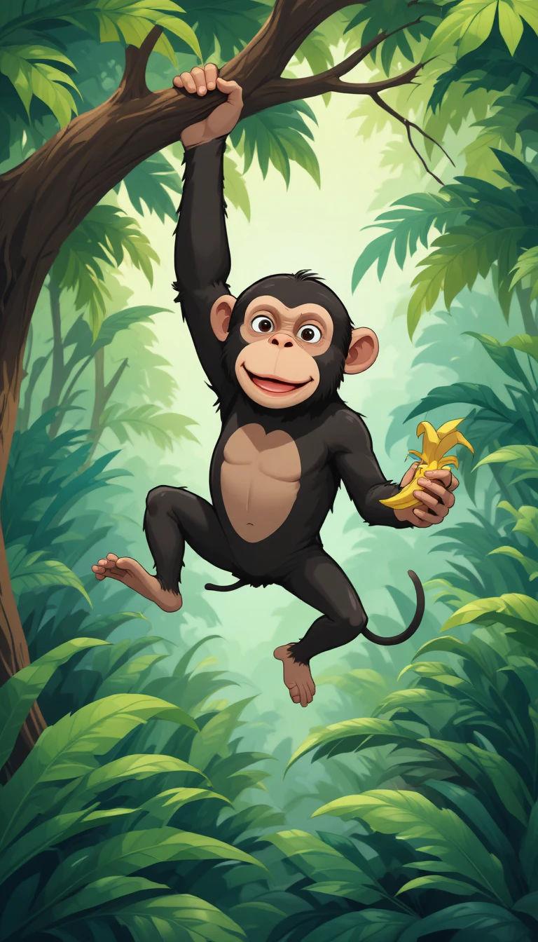 A chimpanzee hangs from a jungle branch while holding a half-peeled banana