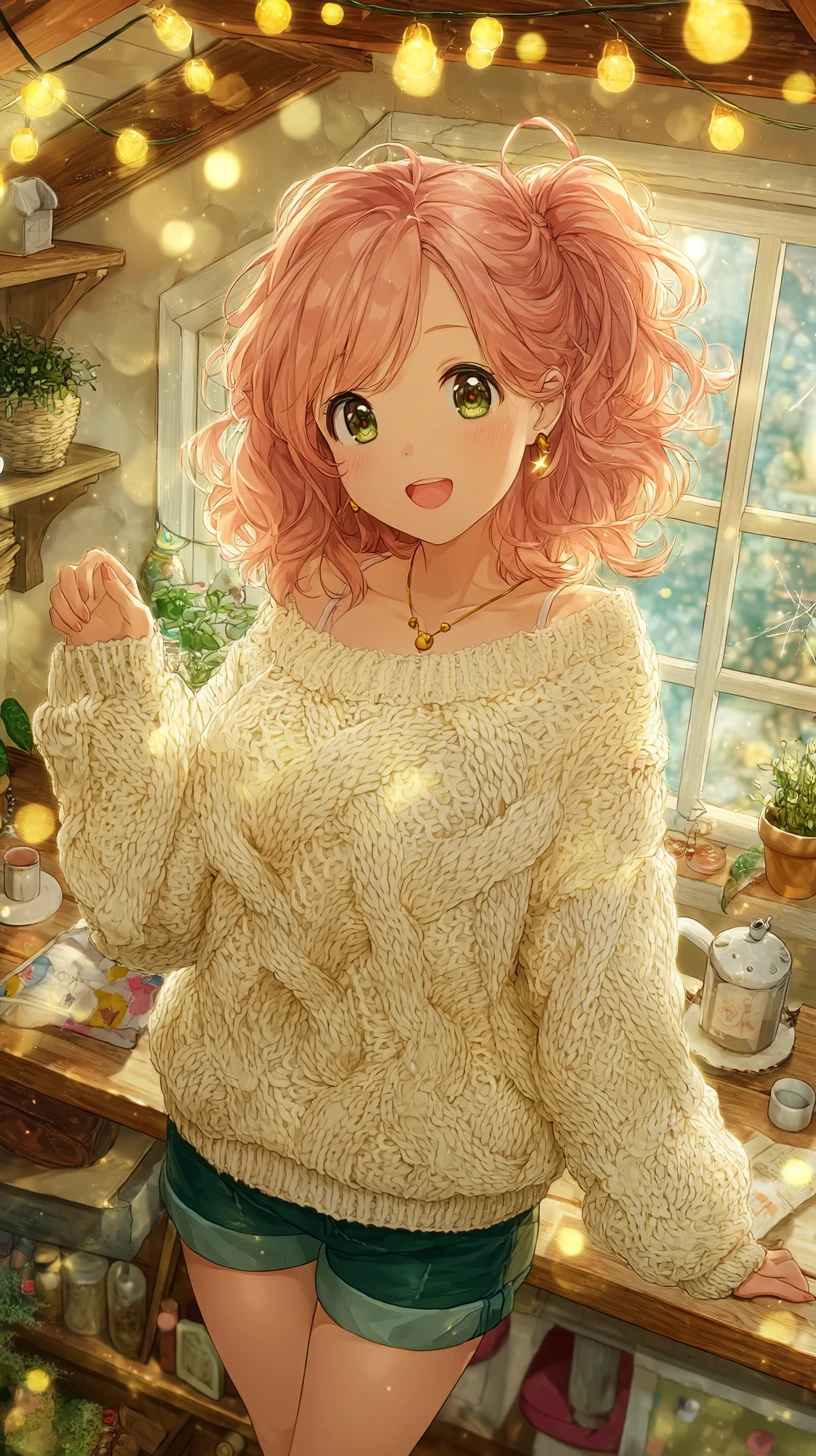 Garota de anime num interior aconchegante iluminado por luzes decorativas