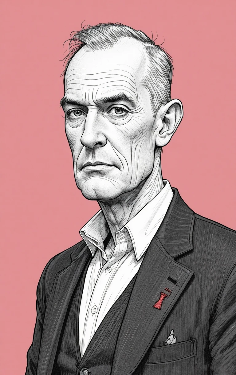 A Hand-Drawn Caricature Portrait of an Older Man in a Light Suit