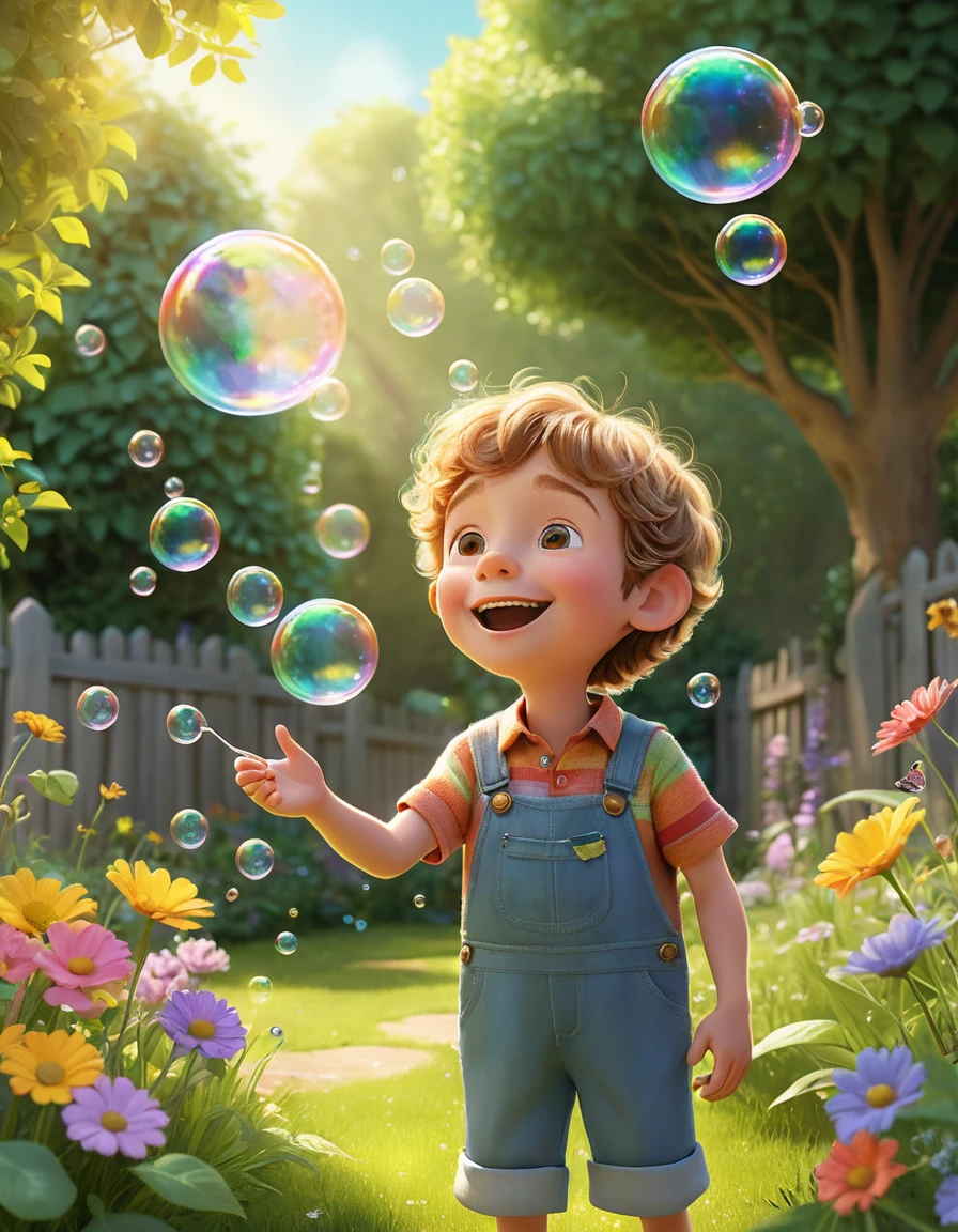 Um menino sopra bolhas de sabão com as cores do arco-íris no jardim