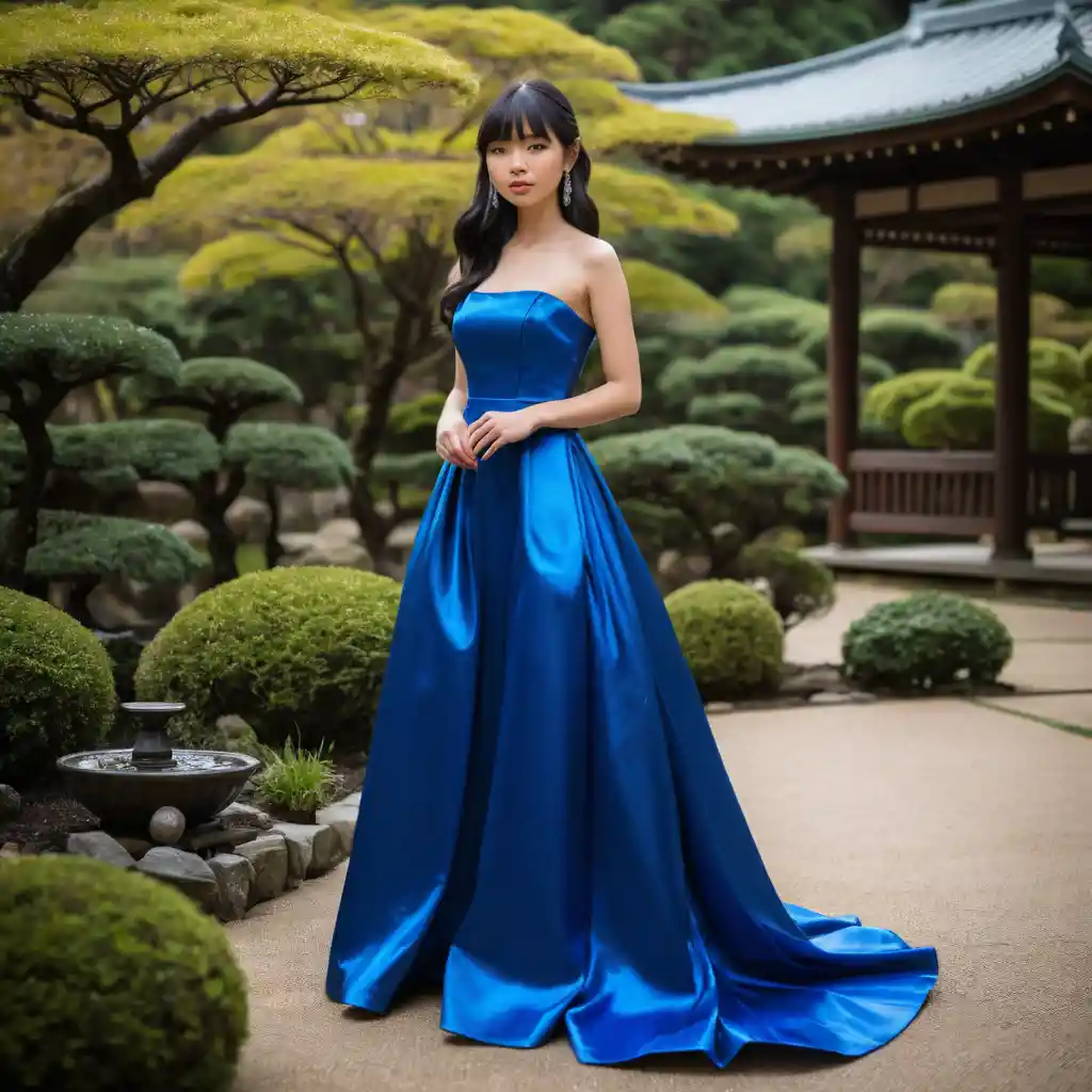 Une jeune femme en robe de satin bleu se tient dans un jardin japonais