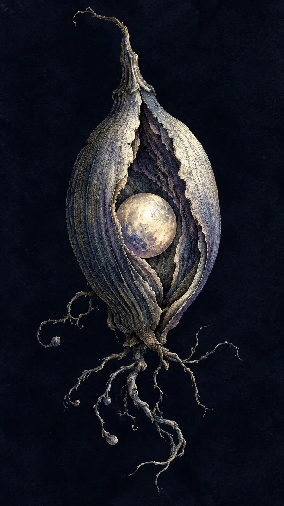 A cracked seedpod holds a glowing moonlike sphere in dark space
