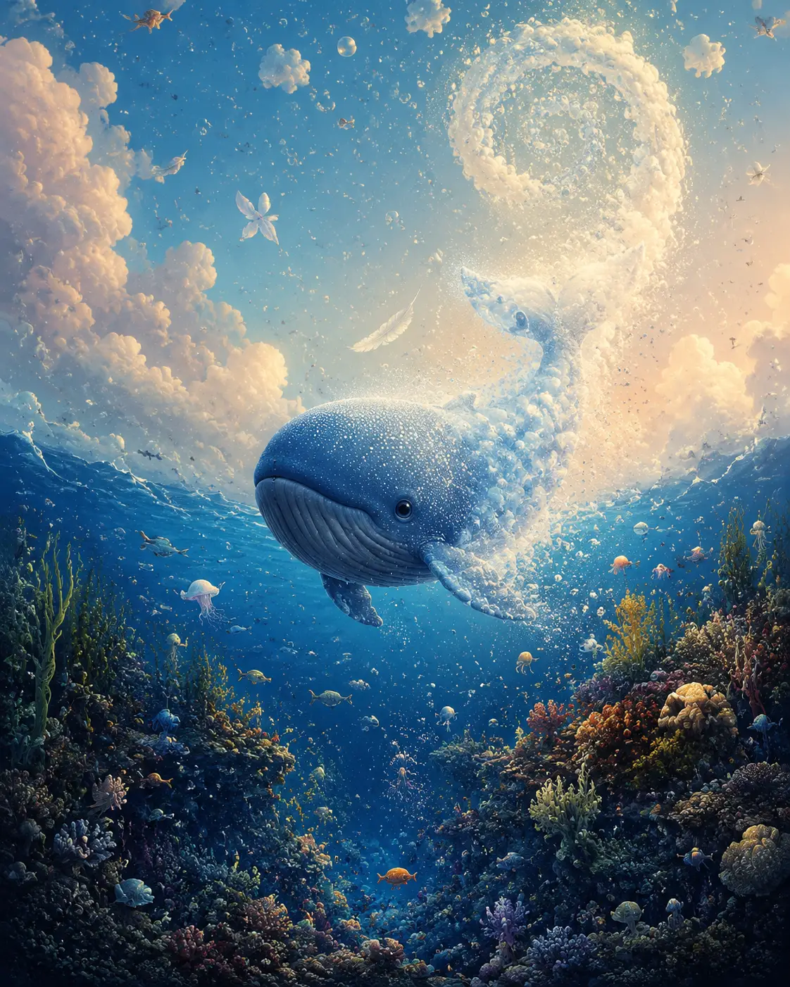 A tiny whale floats between the deep ocean and open sky